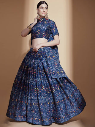 Blue Chinon Digital Print & Crochet Embroidery Lehenga Choli Set