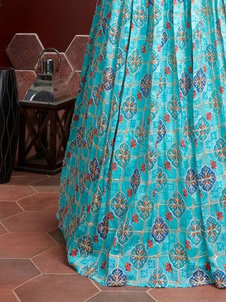 Blue Chinon Silk Embroidered & Digital Print Lehenga Choli Set with Sequins Work Net Dupatta