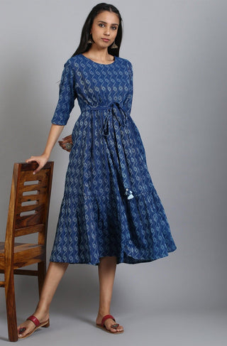 Cotton Blue Woven Designed Dress