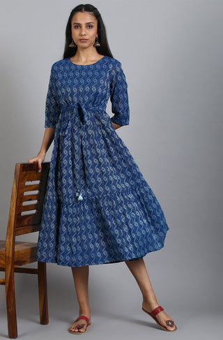 Cotton Blue Woven Designed Dress