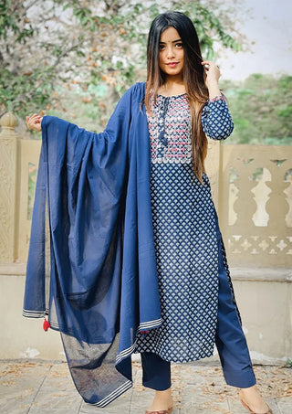 Coton Blue Printed and Embellished Suit Set with Dupatta