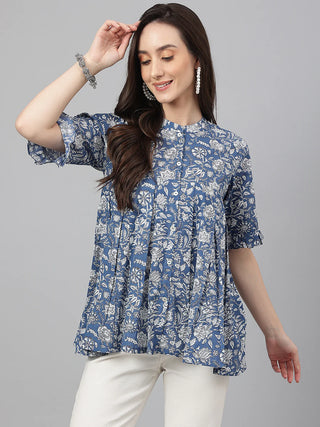 Blue Cotton Flared Floral Print Top