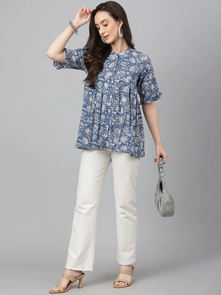 Blue Cotton Flared Floral Print Top