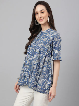 Blue Cotton Flared Floral Print Top