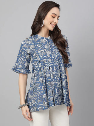 Blue Cotton Flared Floral Print Top