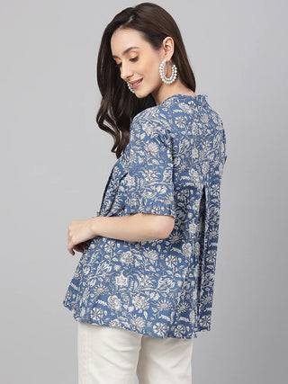 Blue Cotton Flared Floral Print Top