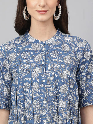 Blue Cotton Flared Floral Print Top