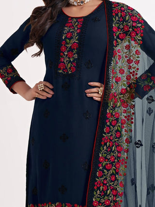 Blue Georgette Muli Color Thread Embroidered Suit Set with Net Dupatta