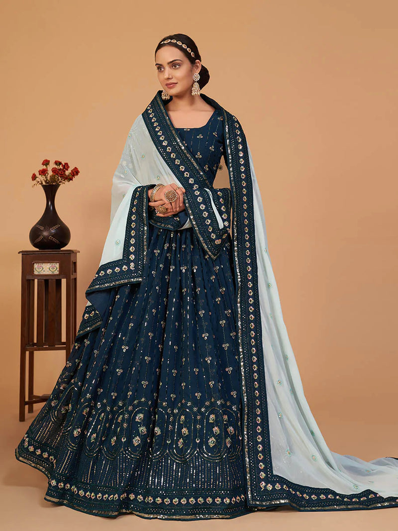 Rama Blue Georgette Heavy Embroidered Lehenga Choli Set with Contrast Dupatta