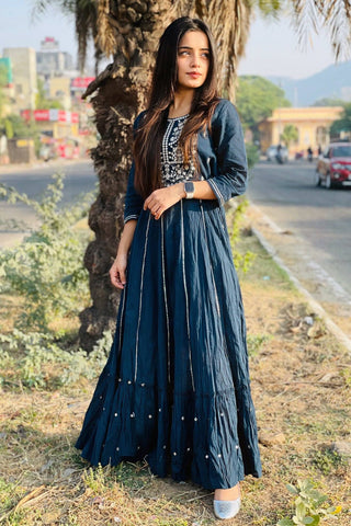 Cotton Blue Embroidered & Mirror Embellished Gown - Ria Fashions