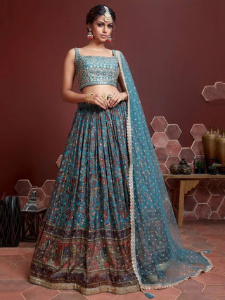 Blue Silk Heavy Embroidered & Mirror Work Lehenga Choli Set with Net Dupatta