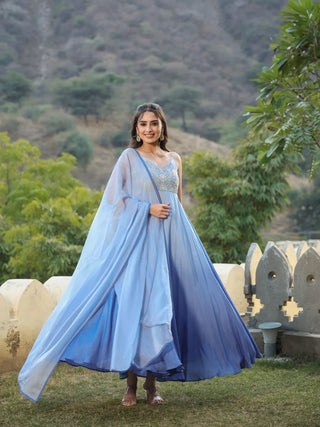 Blue Viscose Muslin Embroidered Sleeveless Gown with Organza Dupatta