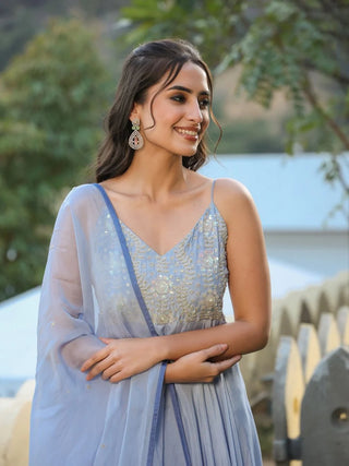 Blue Viscose Muslin Embroidered Sleeveless Gown with Organza Dupatta