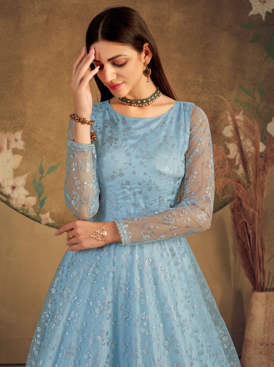 Blue Net Metallic Foil Embellished Anarkali Gown