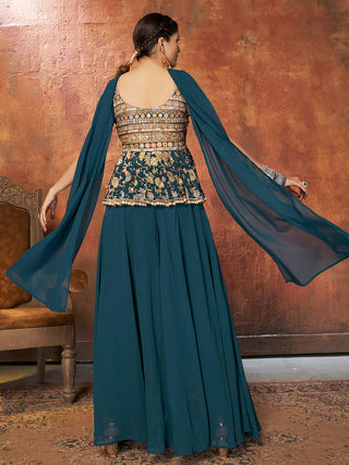 Blue Georgette Embroidered Suit Set with Soft Net Dupatta