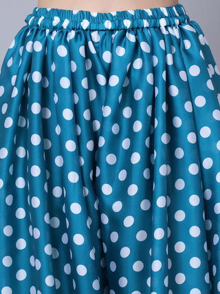Blue Satin Georgette Polka Dot Suit Set with Chiffon Dupatta