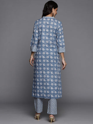 Blue Cotton Ethnic Motif Printed Kurta Trouser Set