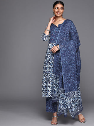 Cotton Blue Ethnic Motif Print Suit Set with Dupatta