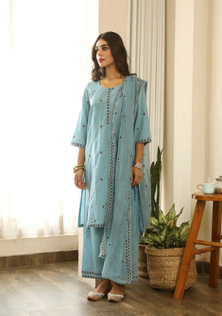 Cotton Blue Floral Embroidered Suit Set with Cotton Doriya Dupatta