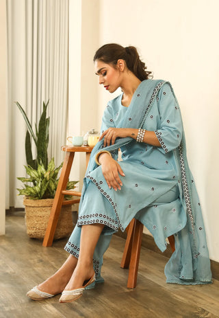 Cotton Blue Floral Embroidered Suit Set with Cotton Doriya Dupatta