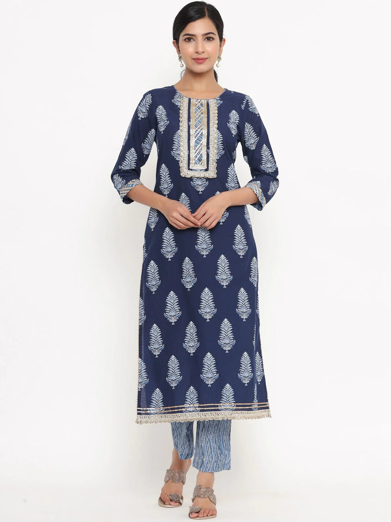 Cotton Blue Printed Suit Set with Dupatta