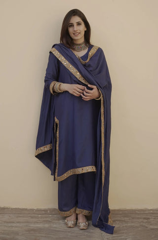 Blue Muslin Gold Lace Detailing Suit Set with Dupatta