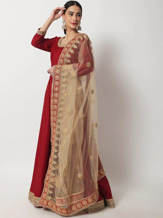 Maroon Silk Floor Length Anarkali Style Kurta with Embroidered Net Dupatta