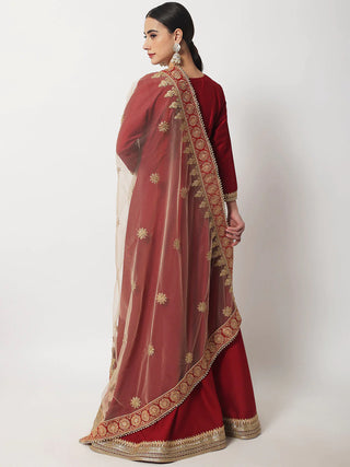 Maroon Silk Floor Length Anarkali Style Kurta with Embroidered Net Dupatta
