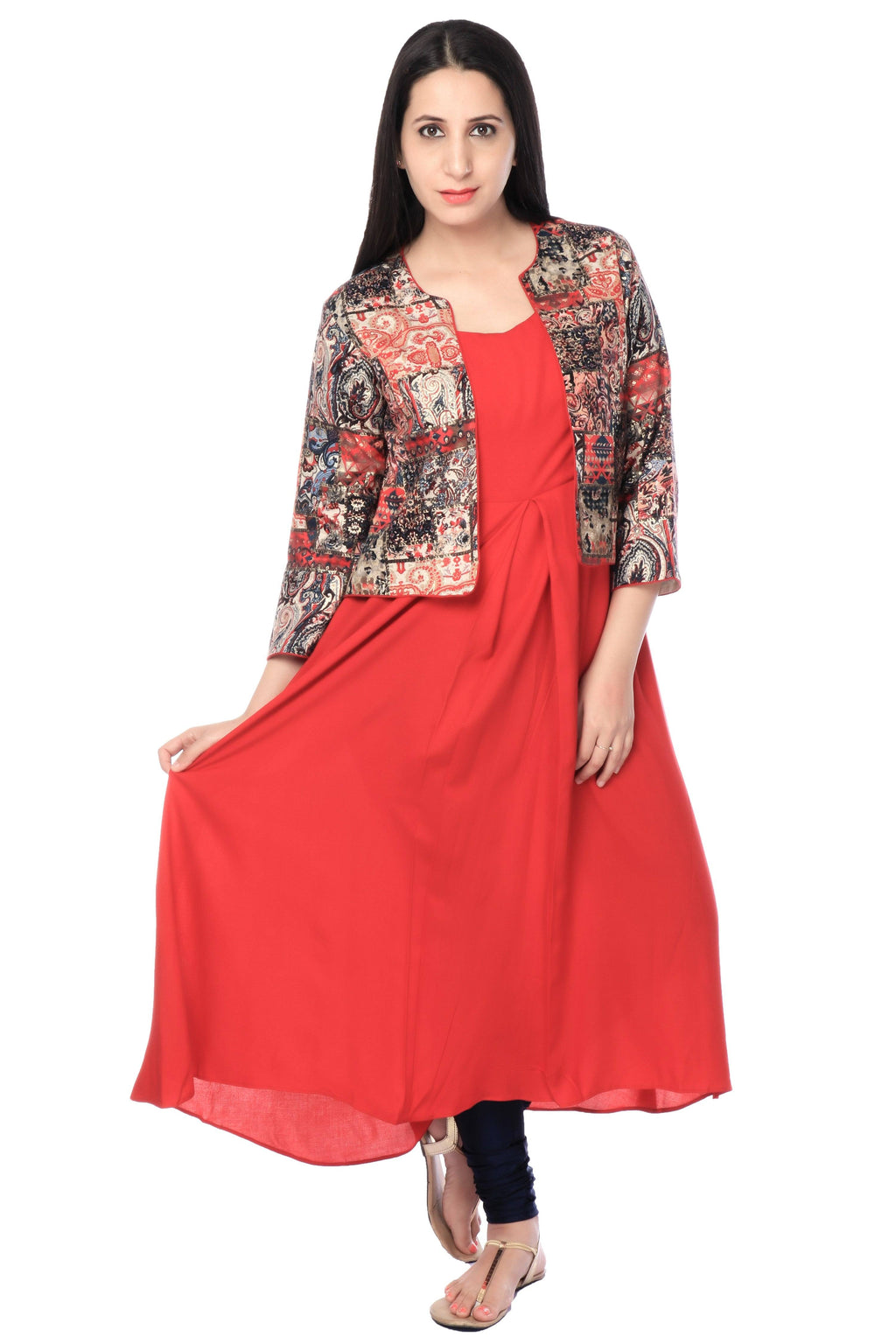 Red Rayon Tunic With Cotton Multicolor Jacket - Ria Fashions