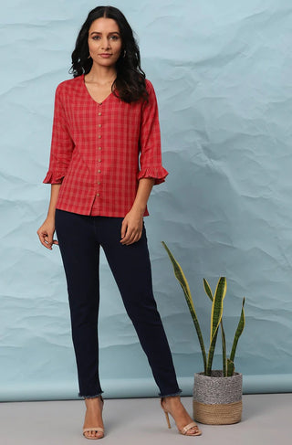 Red Checks Style Cotton Top - Ria Fashions