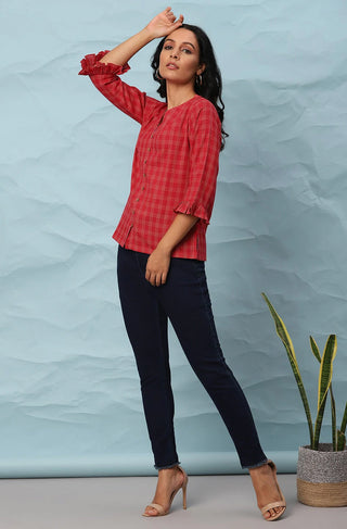 Red Checks Style Cotton Top - Ria Fashions