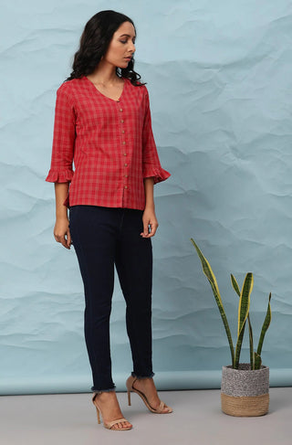 Red Checks Style Cotton Top - Ria Fashions