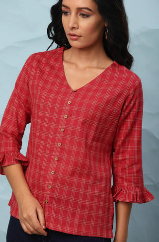 Red Checks Style Cotton Top - Ria Fashions