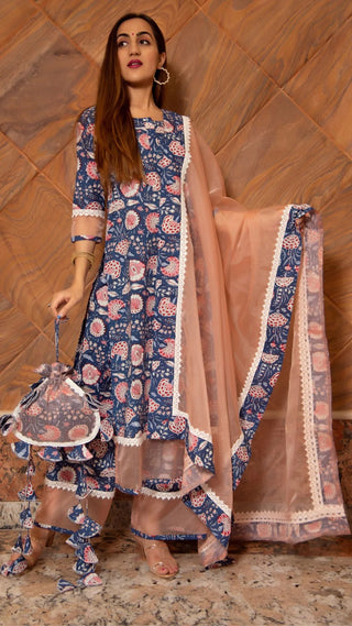 Blue Cotton Straight Cut Printed Suit Set with Organza Dupatta