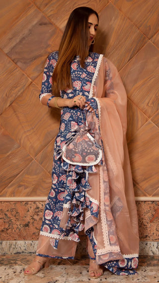 Blue Cotton Straight Cut Printed Suit Set with Organza Dupatta