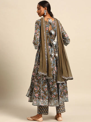 Green Cotton Floral Print Angrakha Suit Set with Chiffon Dupatta