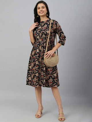 Black Cotton Floral Print Western Style Dress