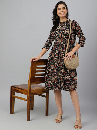 Black Cotton Floral Print Western Style Dress