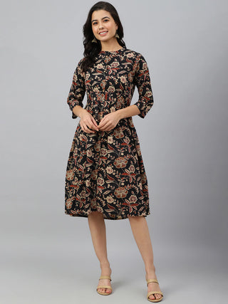 Black Cotton Floral Print Western Style Dress