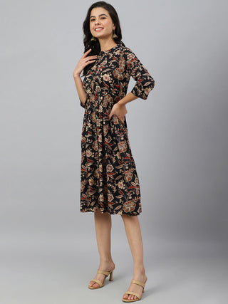 Black Cotton Floral Print Western Style Dress