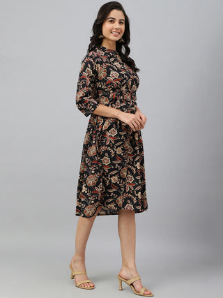 Black Cotton Floral Print Western Style Dress