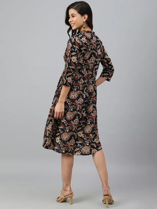 Black Cotton Floral Print Western Style Dress