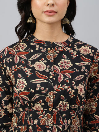 Black Cotton Floral Print Western Style Dress