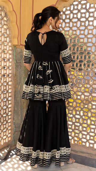 Cotton Black Lace Detailing Sharara Set with Soft Net Silk Dupatta