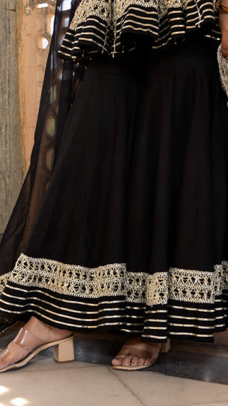 Cotton Black Lace Detailing Sharara Set with Soft Net Silk Dupatta