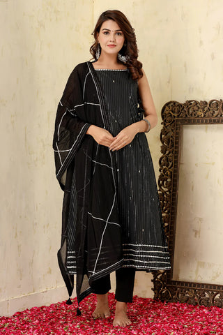 Cotton Black Zari Lining Suit Set with Dupatta