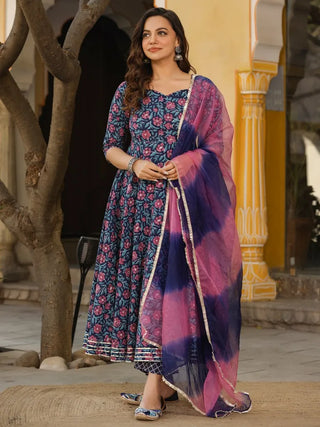 Blue & Pink Cotton Printed Anarkali Suit Set with Tie Dye Organza Dupatta