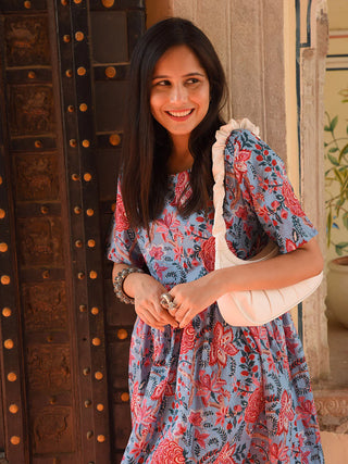 Blue Cotton Floral Print Western Style Dress