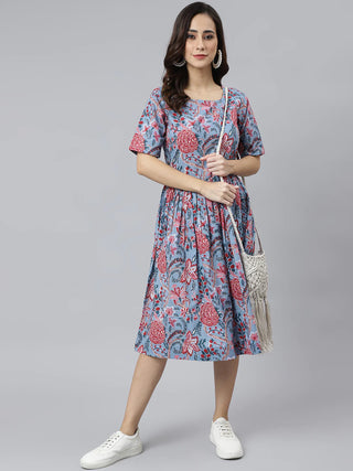 Blue Cotton Floral Print Western Style Dress