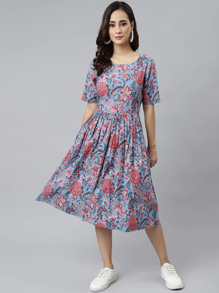 Blue Cotton Floral Print Western Style Dress